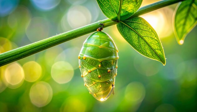 A translucent green butterfly chrysalis hanging from a thin leaf stem