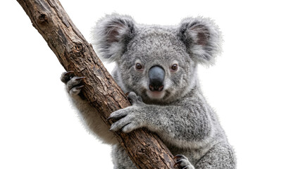 Cute Gray Koala Bear Hugging Tree Branch Australian Marsupial Wildlife Animal Portrait Eucalyptus Climbing png, isolated on a transparent background © aishaa
