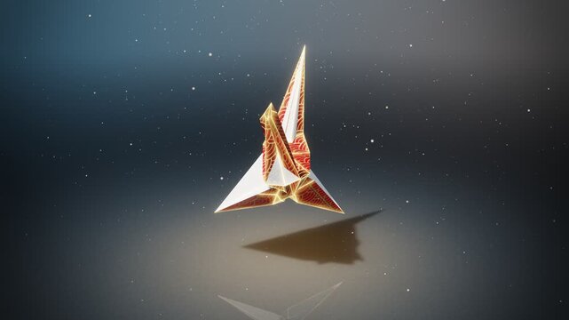 Golden and red origami crane folding and unfolding automatically in 4K loop