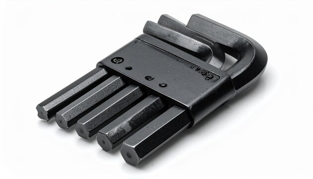 Black steel hex key set on white background