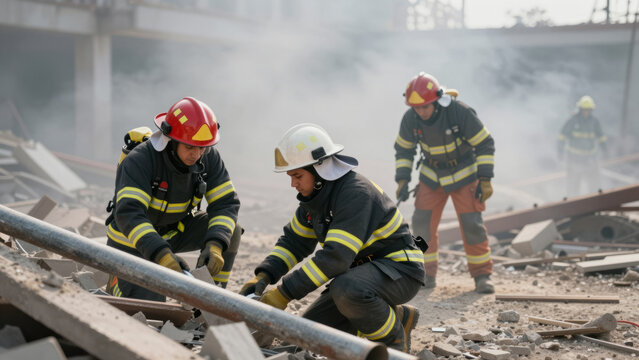 Rescue Team Searching Earthquake Rubble - Three Firefighters in Helmets and Reflective Gear for Earthquake Response and August Safety Topics