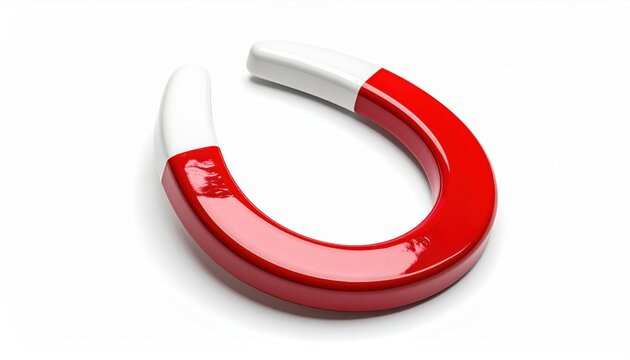 Red and white horseshoe magnet resting on white background