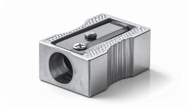 Metallic single hole pencil sharpener on a white background
