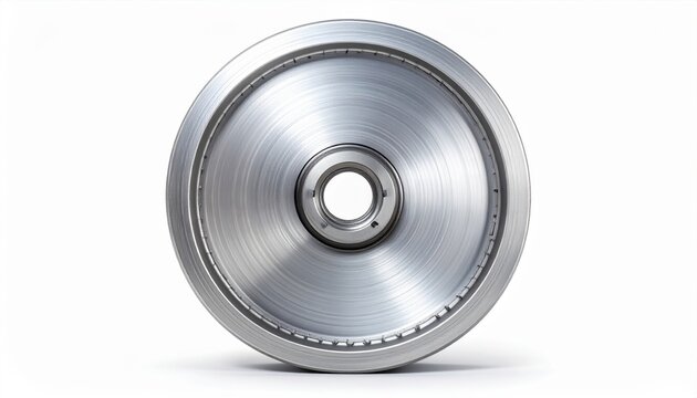 A shiny circular metal component isolated on a white background