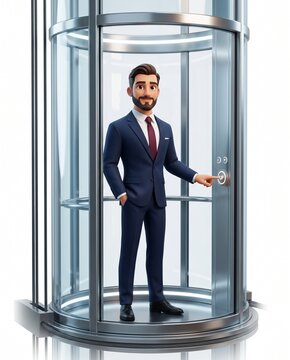 3D businessman mascot in glass elevator pressing up button