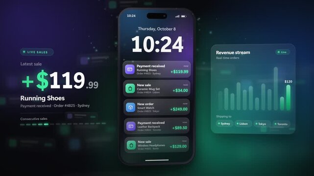 Consecutive sales notifications popping up on smartphone screen with live revenue chart