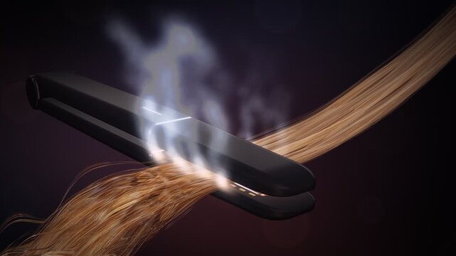 Professional hair straightener styling smooth hair with steam in 4K