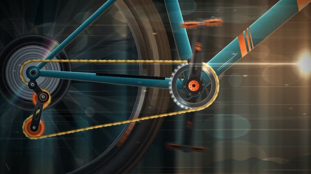Mountain bike crankset and chain spinning rapidly in seamless loop with motion blur and lens flare