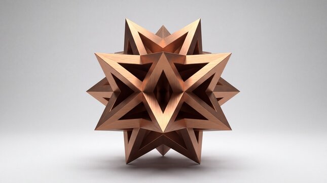Geometric copper stellated dodecahedron sculpture with brushed metal finish on neutral background.