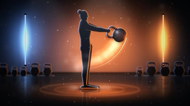 Silhouette woman performing kettlebell swings in futuristic gym workout fitness animation