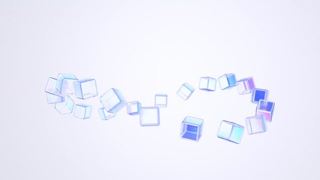 Wave of floating translucent glass cubes with iridescent reflections moving on a white background, seamless loop, 3d rendered animation