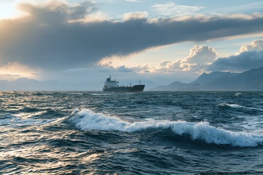 Large cargo ship vessel freighter navigating choppy ocean waters with whitecaps and rolling waves under dramatic cloudy sky