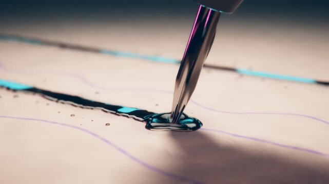 Macro Shot Of Tattoo Needle Depositing Black Ink On Paper With Blue Lines