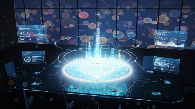 Modern boardroom table with interactive futuristic city hologram and data dashboards