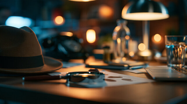 Abandoned detective office with a vintage investigation evidence setup, with copy space