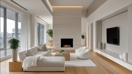 Naklejka premium Modern living room with white sofa, armchairs, fireplace, wood floor, large windows, indoor plants, and minimalist decor create serene atmosphere