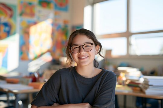 Smiling Asian schoolgirl wearing round glasses and a black t-shirt standing in a sunlit classroom with colorful educational posters on the walls, large windows letting