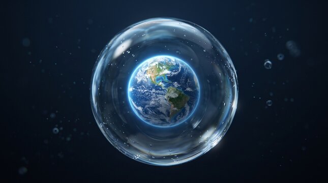 Earth encased in transparent water bubble against space backdrop for