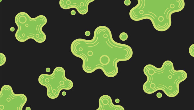 Abstract artistic composition of green slime amoeba shapes with concentric rings set on a dark black background.