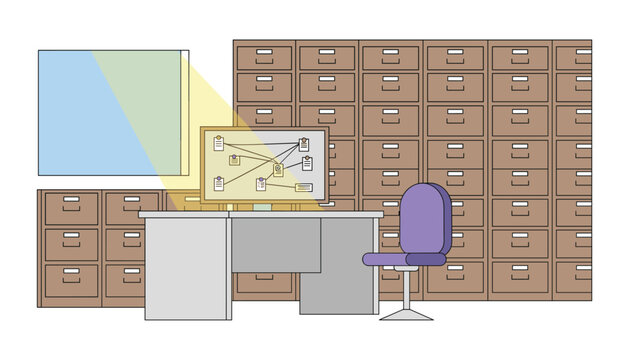 Detective office workspace featuring a computer monitor displaying an evidence board with red string and document files.
