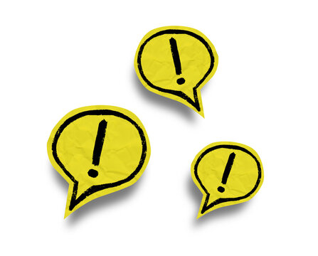 Three yellow exclamation bubbles in different sizes, featuring black rough outlines and soft shadows for attention grabbing communication graphics.