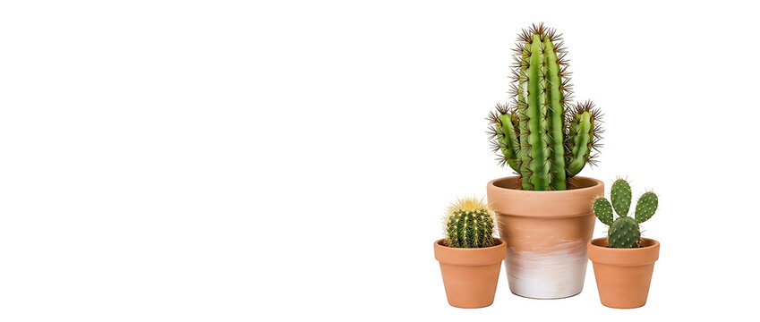 Set of three various green cactus plants in terracotta clay pots, including prickly pear and barrel cactus species, isolated on white transparent background for home decor and garden design.