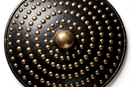 Round metal shield with brass studs on black surface. Circular medieval buckler features concentric pattern of golden rivets around central boss. Ancient warrior protection gear fantasy prop isolated