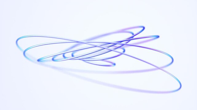 Thin glowing blue and purple wire loops rotating on a light background, abstract tangled lines, seamless loop, 3d rendered animation