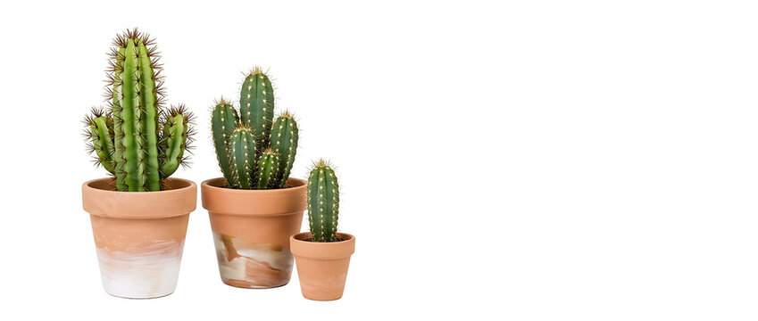 Three Assorted Green Cactus Plants in Rustic Terracotta Pots of Different Sizes, Succulent Collection for Home Decor and Interior Gardening, Isolated on Transparent Background