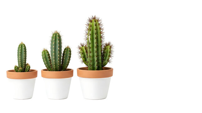Three green cactus plants of varying sizes in white and terracotta ceramic pots, isolated on white background and transparent background for design, domestic succulent houseplant collection.