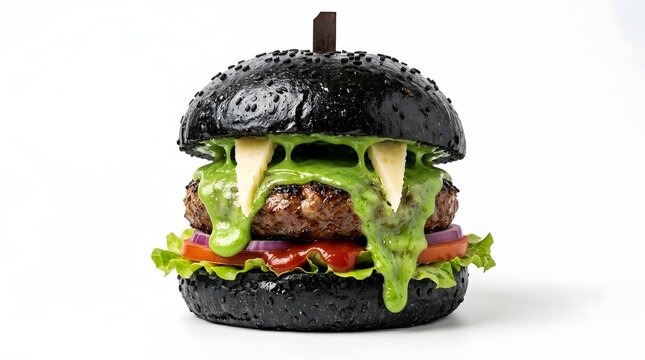 Halloween Monster Burger with Black Bun Green Slime Sauce and Cheese Fangs on White Background
