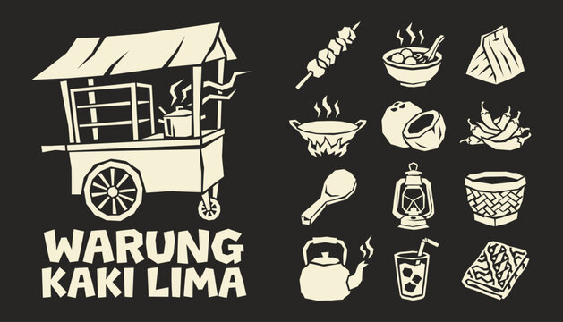 Indonesian Street Food Cart and Traditional Culinary Icons Set