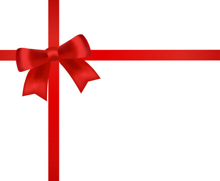 Realistic red gift bow with crossed satin ribbon overlay for present box wrap on transparent background for Black Friday Sale banner.