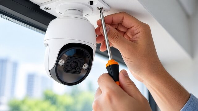 A close-up view of a person installing a security camera on a ceiling using a screwdriver.