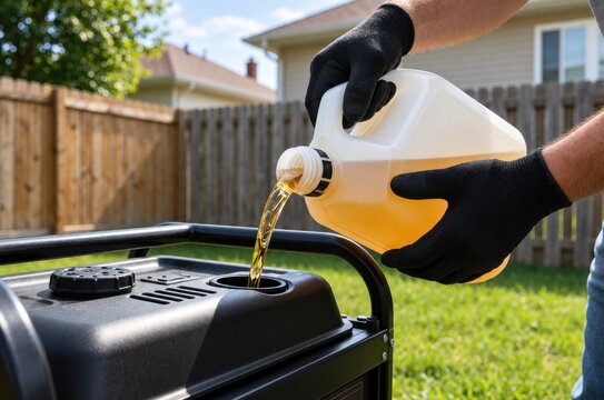 A person wearing protective black gloves pours yellow fuel into a portable outdoor power generator.