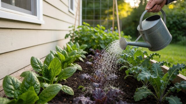 A person uses a metal watering can to hydrate leafy green vegetable plants in a backyard garden bed.