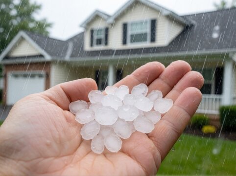 A close-up of a hand holding several pieces of hail during a rainstorm in front of a house.