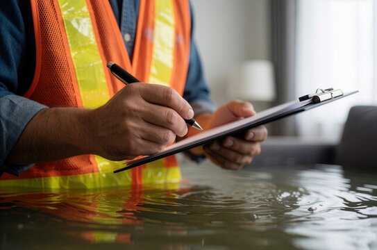 An insurance adjuster in a safety vest inspects a room heavily damaged by a catastrophic flood.