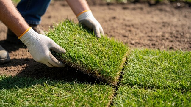 A worker in gloves carefully lays down fresh green sod strips onto the prepared soil in a garden.