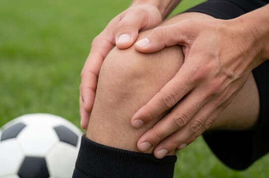 A close-up view of an athlete holding a painful knee injury while standing on a grassy field.