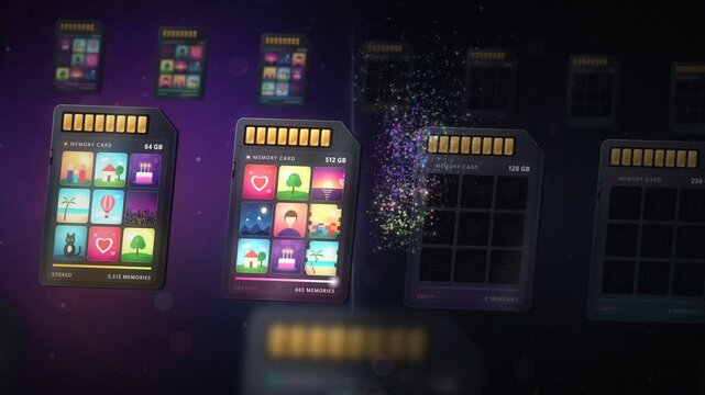 Memory cards erasing photo memories dissolving into glowing particles loop