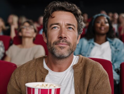 A man watches a movie in a cinema while holding a bucket of popcorn with other people sitting nearby.
