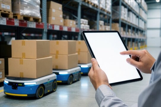 A worker uses a tablet to control autonomous robots moving shipping boxes in a large warehouse.