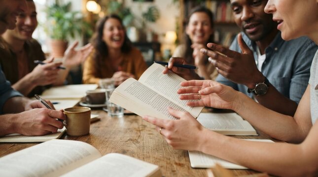 book club discussion hands closeup Group of diverse people studying and discussing books together at a table