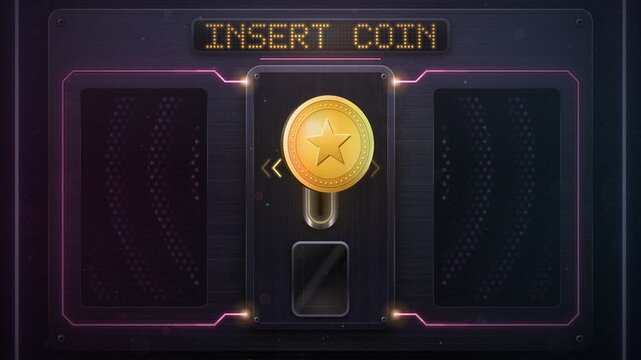 Retro Arcade Machine Coin Slot Accepting Golden Coin And Displaying Credit Status In Seamless Loop Animation
