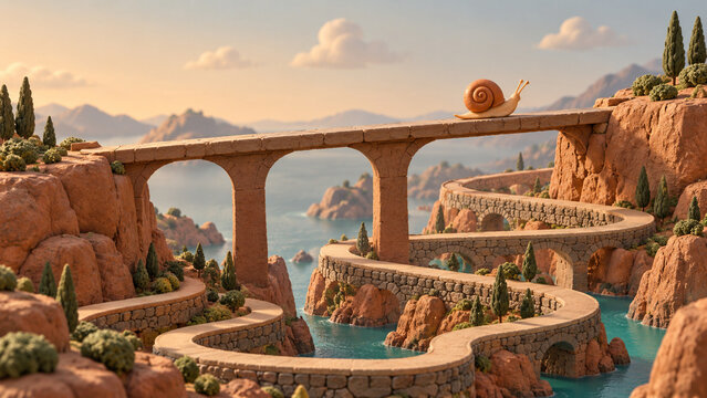 Clay style snail crossing a bridge above winding canyon paths