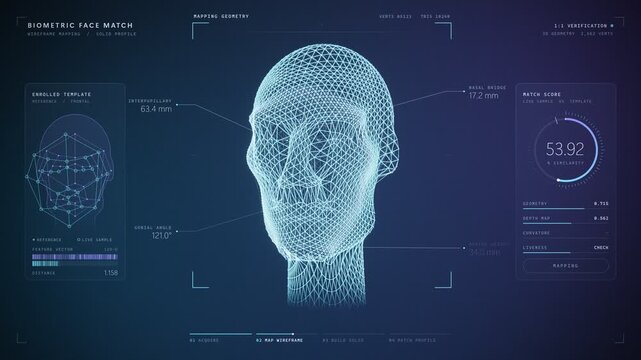 biometric facial recognition and 3d wireframe match interface