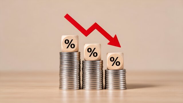 Financial concept featuring wooden blocks with percentage symbols placed on decreasing stacks of silver coins under a bright red downward arrow showing market loss
