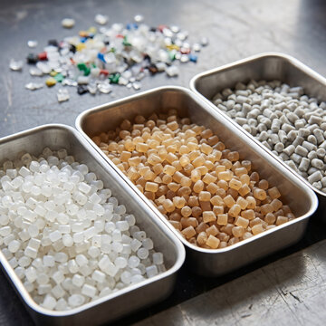 Recycled plastic raw material, colorful plastic flakes and white, beige and gray polymer pellets in stainless steel trays, recycling industry concept