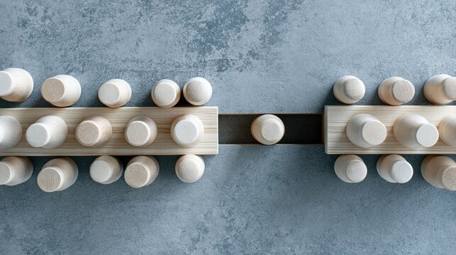 Wooden team figurines funneling through a narrow passage to illustrate a workflow bottleneck